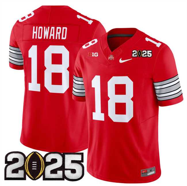 Mens Ohio State Buckeyes #18 Will Howard Red 2025 CFP Final Patch F.U.S.E. Vapor Limited Stitched Football Jersey
